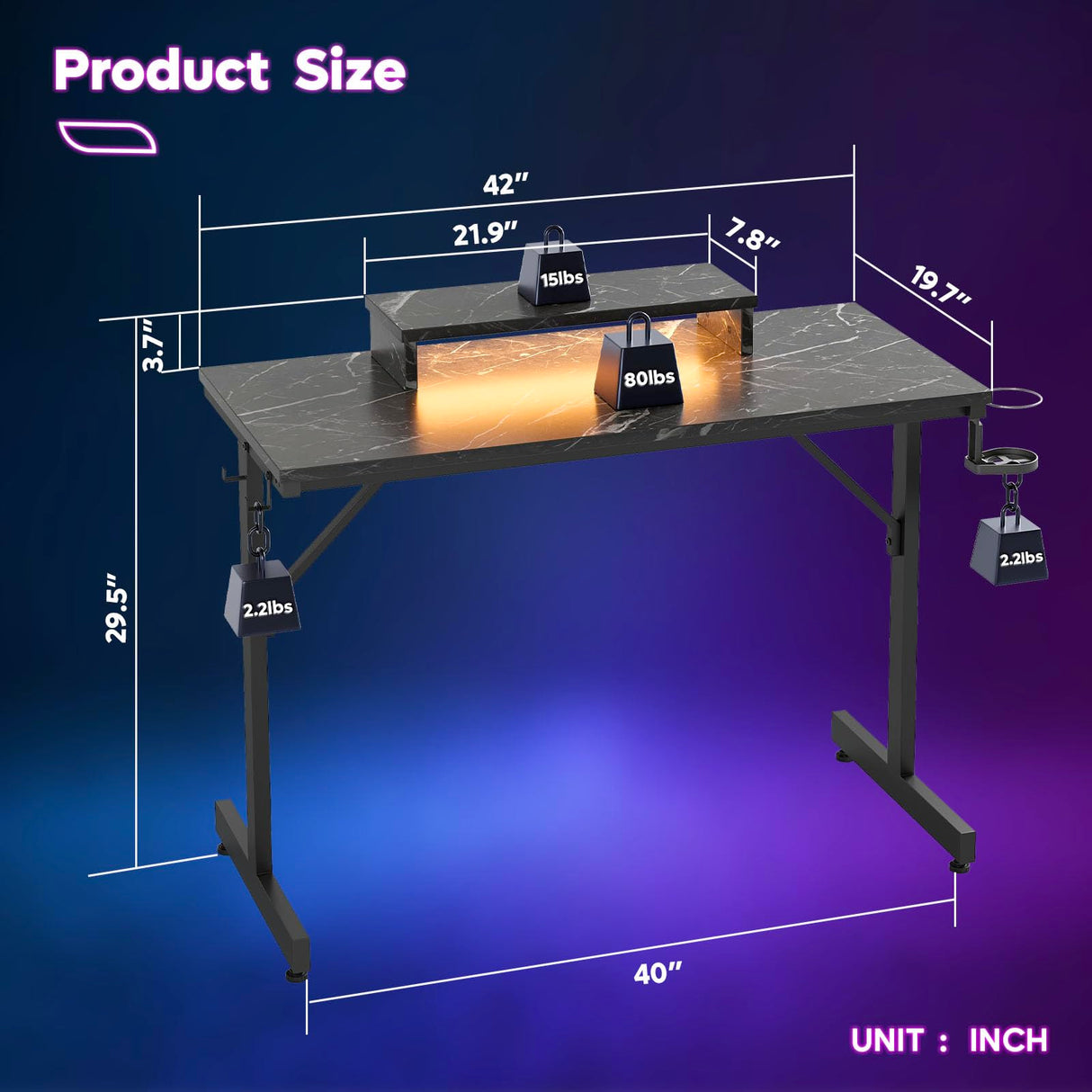 Bestier Small Gaming Desk with Monitor Stand, 42 inch LED Computer Desk, Gamer Workstation with Cup Holder & Headset Hooks, Modern Simple Style Desk for Home Office, Black Marble Bestier