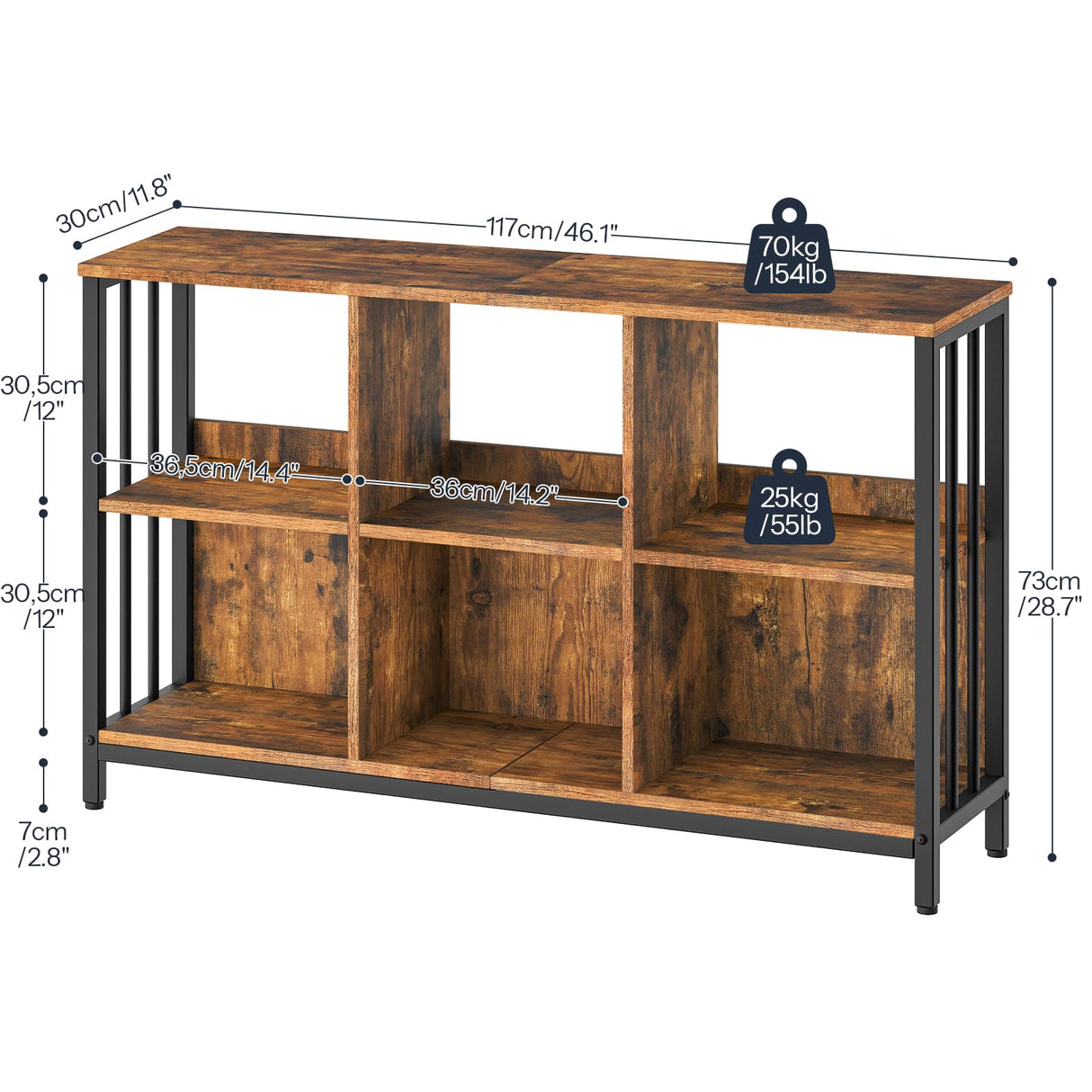 HOOBRO 6 Cube Bookcase, Industrial Horizontal Bookshelf, Wooden and Metal Cubby Bookcase, Long Shelving Unit for Living Room, Bedroom, Home Office, Rustic Brown and Black BF117SJ01 HOOBRO