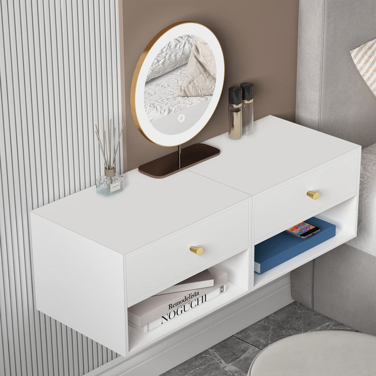 RANK Floating Nightstand Modern White Nightstands Side Table Wall Mounted Shelf with Drawer Storage for Living Room, Bedroom RANK