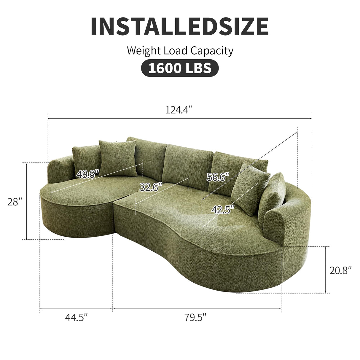 Opiesit 124" Oversized Boneless Couches for Living Room, Sectional Curved Sofa with 7 Pillows, L-Shape Boneless Couch with Deep Seat, High-Density Memory Foam, No Assembly Required, Chenille (Green) Opiesit