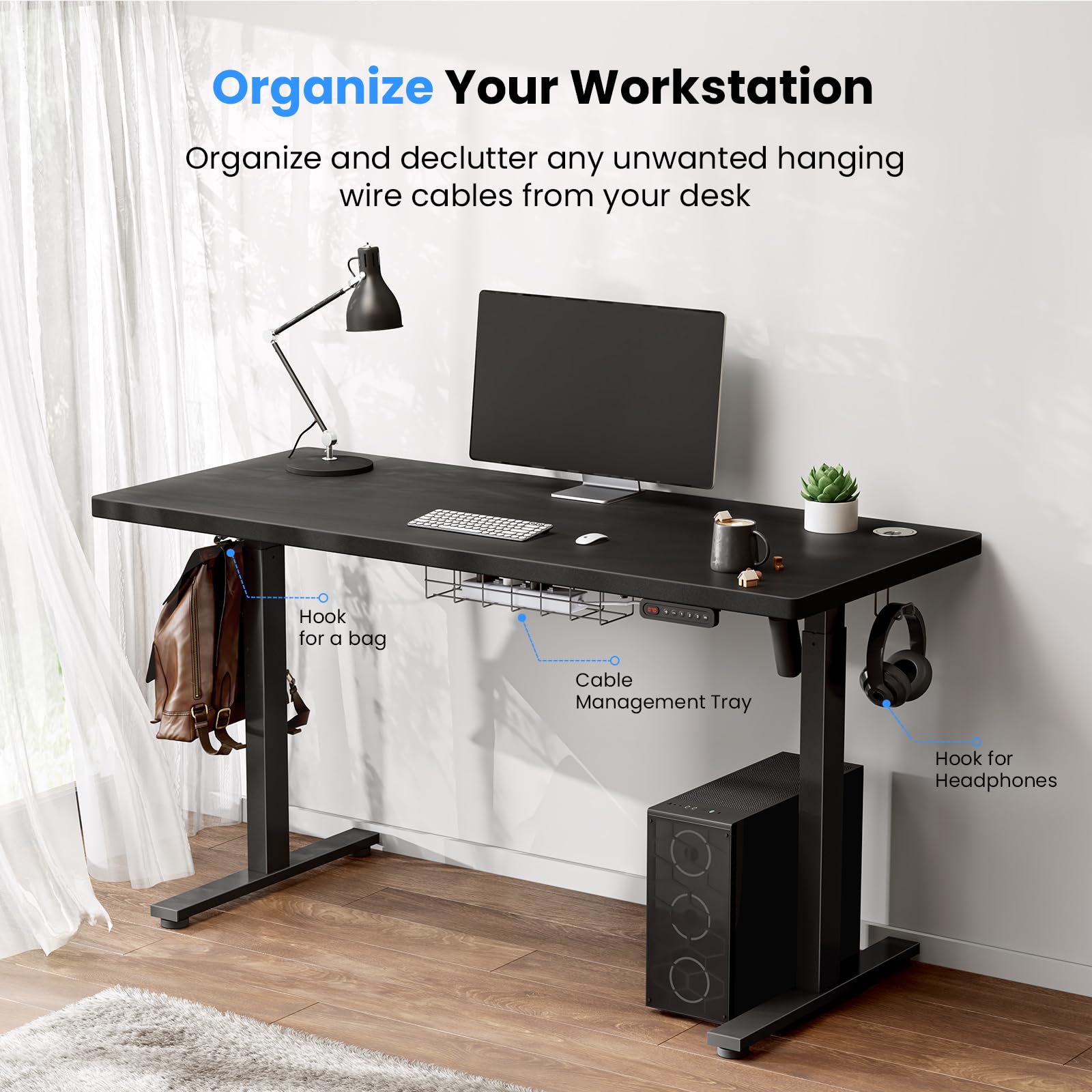 SIAGO Electric Standing Desk Adjustable - 48 x 24 Inch Sit Stand up Desk with Cable Management - 3 Memory Preset Adjustable Height Desk Computer Home Office Desk - WoodArtSupply