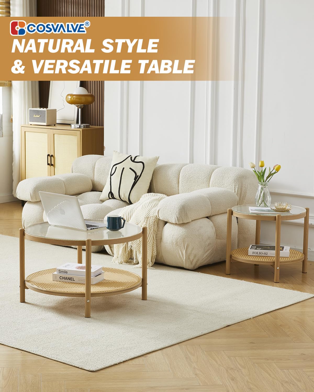 COSVALVE 27.5" Boho Rattan Coffee Table, Round Glass Metal Center Table, Modern Simple 2 Tier Middle Table for Small Space Living Room Bedroom Office Meeting Room COSVALVE