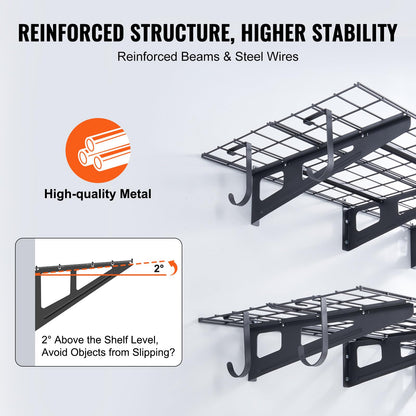 VEVOR 2-Pack Garage Shelving Wall Mounted, 2 x 6 ft Heavy Duty Garage Storage Shelves for Room Wall Shelf,1000 lbs Load Capacity Garage Storage Rack Floating Shelves with 4 Hooks