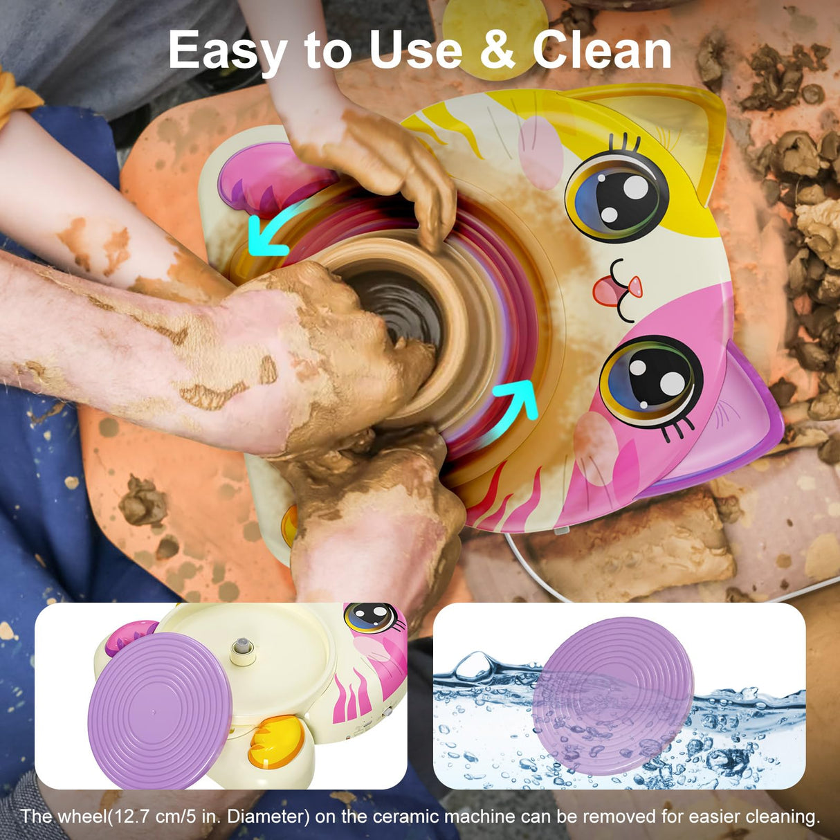 Roaxkois Pottery Wheel for Kids – Complete DIY Arts & Crafts Painting Kit with Air Dry Clay, Paints, Tools, Apron & Stickers – Creative Gift for Girls & Boys Ages 6 7 8 9 10 11 12+ Roaxkois