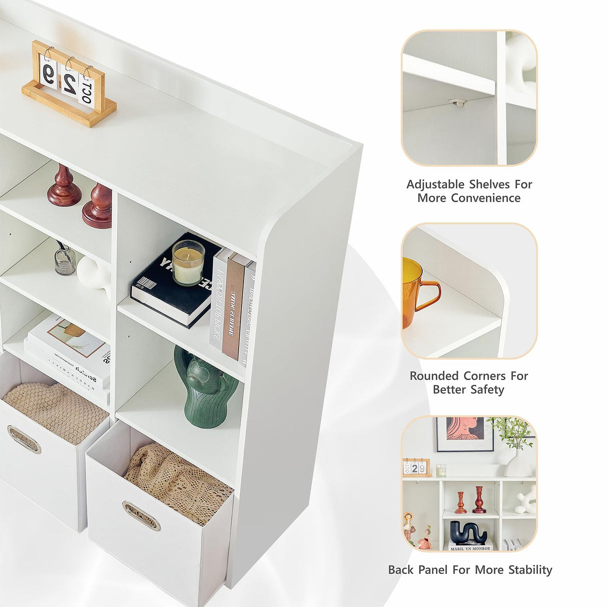 Redlife 7 Cube Bookshelf, White Cube Organizer with 3 Storage Bins, Wooden 3-Tier Bookcase with Adjustable Shelves, Modern Floor Standing Open Shelf Cabinet for Bedroom, Living Room and Office Redlifeᅟᅠ