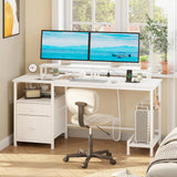 Furologee White Computer Desk with Drawer and Power Outlets, 55" Large Gaming Desk with Fabric File Cabinet and 2 Movable Monitor Shelves, Writing Table with CPU Stand and 2 Hooks for Home Office Furologee