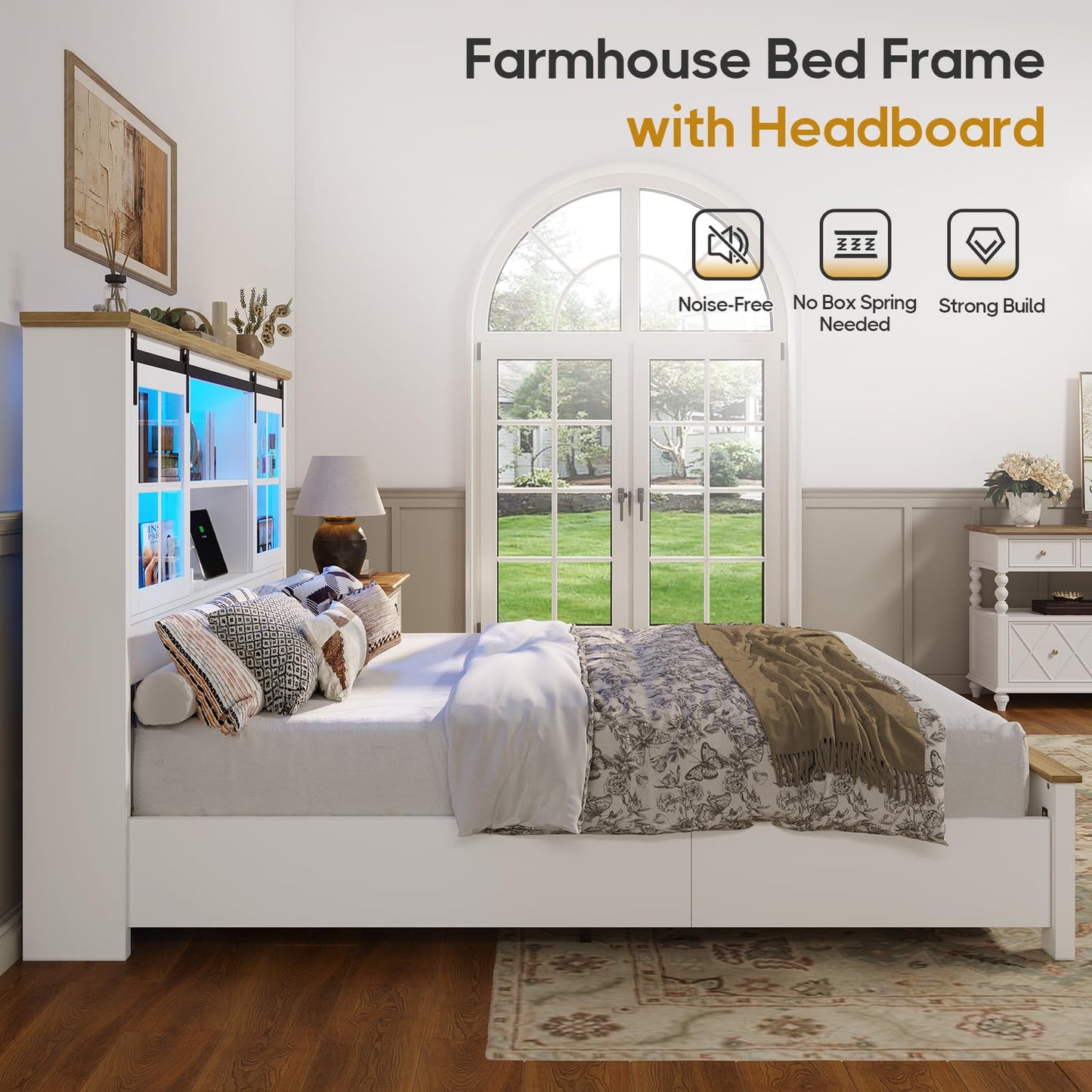 Farmhouse Bed Frame Queen Size with 50.39" Bookcase Storage Headboard, Wood Bed Frame Queen with LED Lights & Charging Station, Sliding Doors, Solid Wood Slats, No Box Spring Needed, Noise Fr - WoodArtSupply