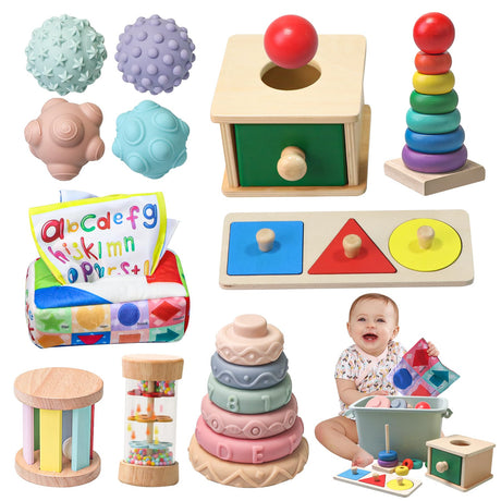 Montessori Toys for Babies 6-12 Months,1 Year Old,8 in 1 Learning Educational Set Wooden Sensory Toys for Baby Toys 12-18 Months (Includes Tissue Box Toy,Rainmaker and More) Tooysea