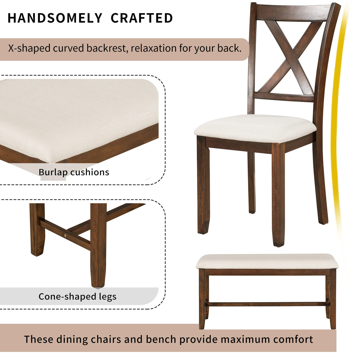 Harper & Bright Designs 6 Pieces Dining Table Set, Wooden Rectangle Table and 4 Chairs with Bench with Cushion, Kitchen Table Chairs Set for 6 Persons, Dining Room Set - Natural Cherry Harper & Bright Designs