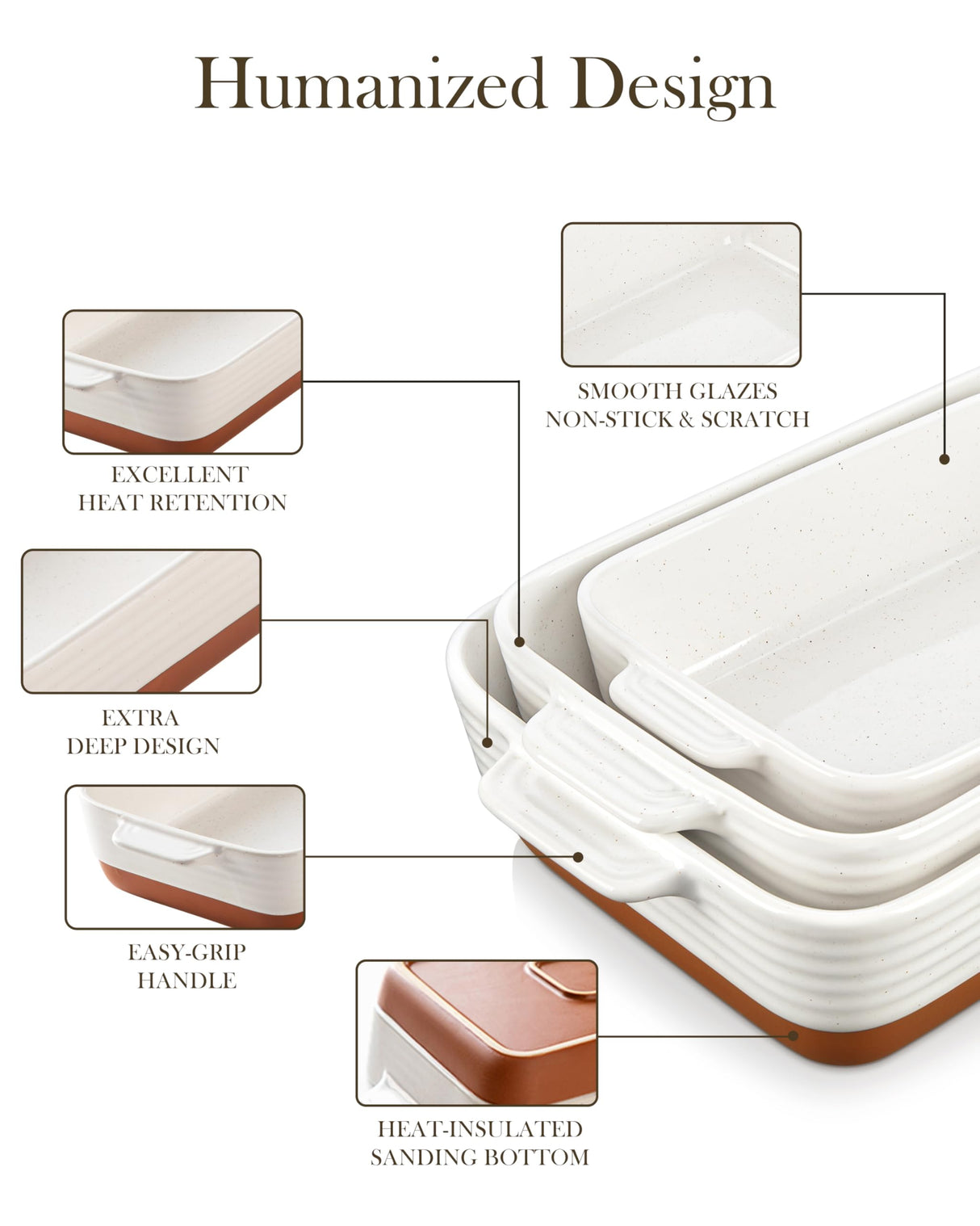 MALACASA Casserole Dishes for Oven, Ceramic Baking Dishes Set of 3, Baking Pan Casserole Dish Set, Rectangular Lasagna Pan Deep with Handles for Baking, Khaki White (14.5''/13''/10.5''), Series TARA MALACASA
