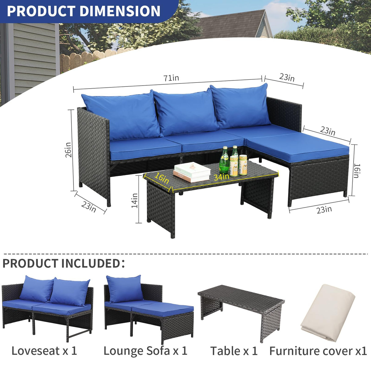 Valita 3-Piece Outdoor PE Rattan Furniture Set Patio Black Wicker Conversation Loveseat Sofa Sectional Couch Royal Blue Cushion Valita