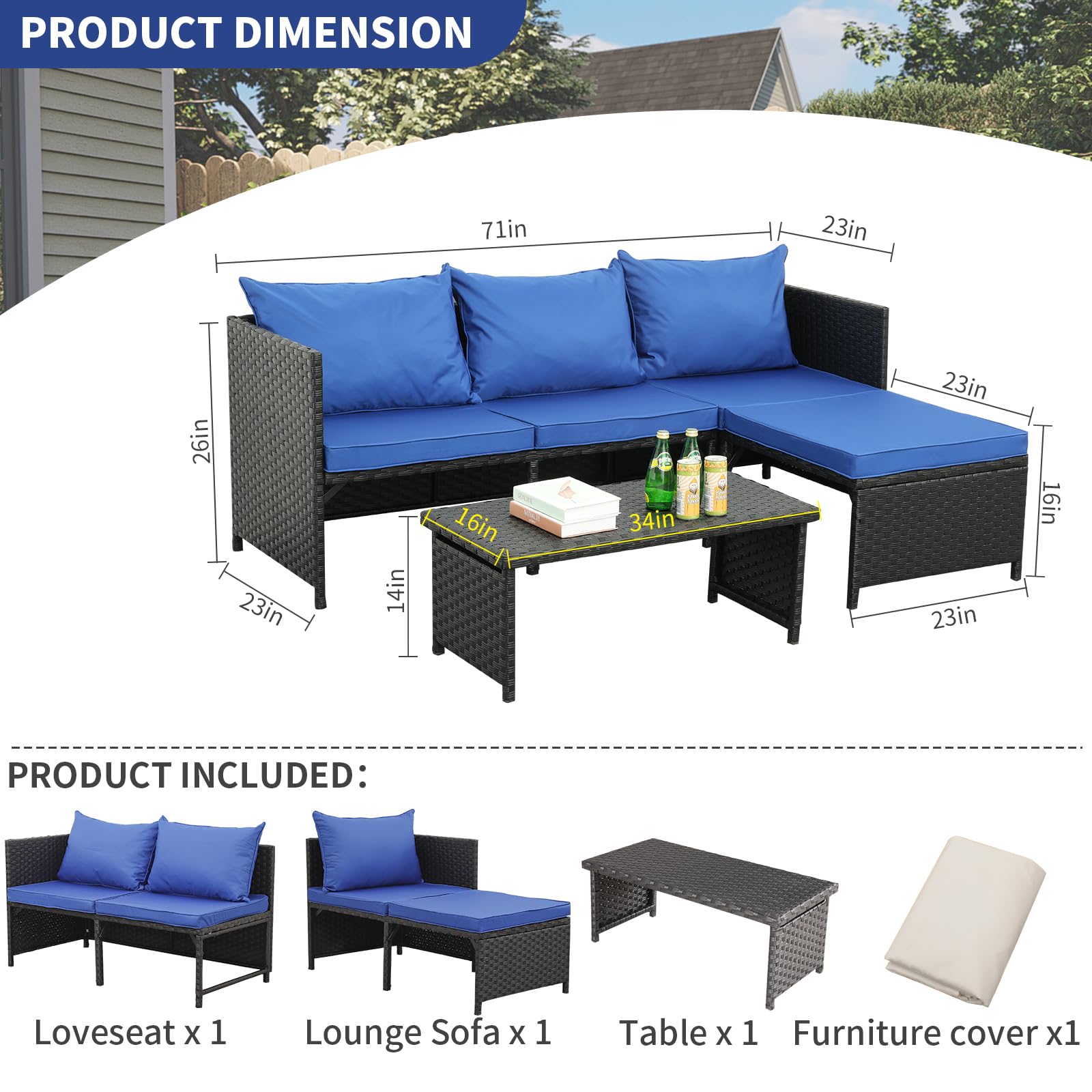 Valita 3-Piece Outdoor PE Rattan Furniture Set Patio Black Wicker Conversation Loveseat Sofa Sectional Couch Royal Blue Cushion - WoodArtSupply