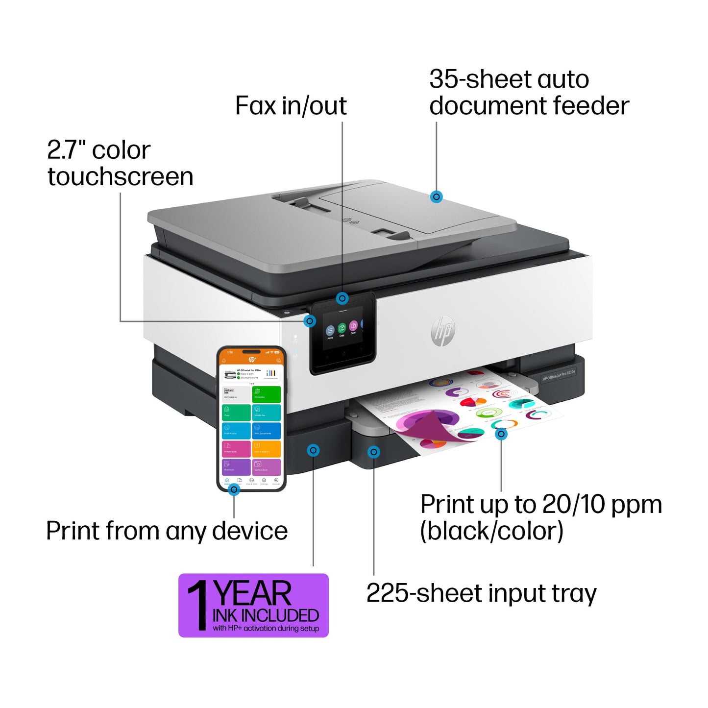 HP OfficeJet Pro 8139e Wireless All-in-One Color Inkjet Printer, Print, scan, Copy, fax, ADF, Duplex Printing Best-for-Home Office, 1 Year of Instant Ink Included