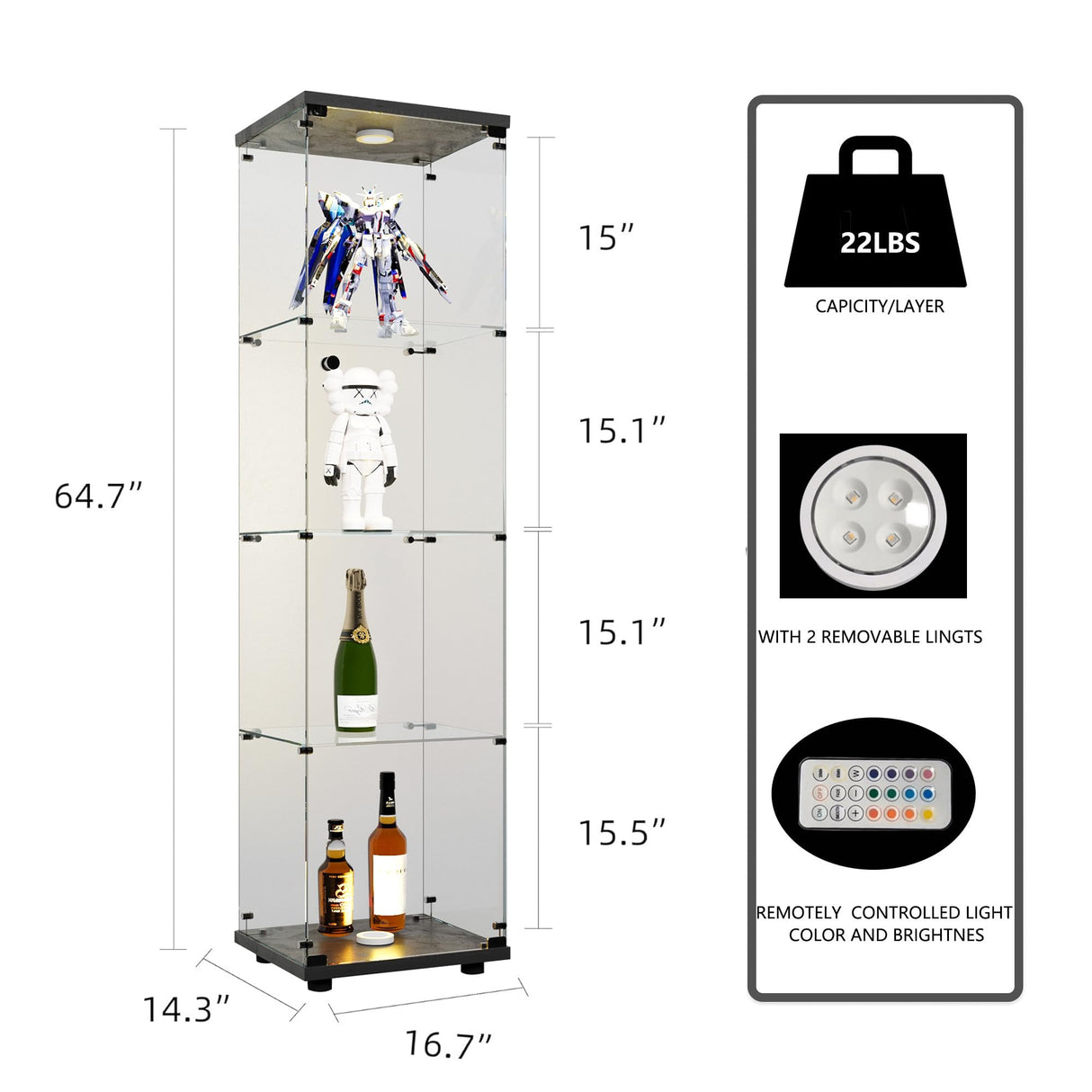 Zipzop Modern 64.5'' 4-Shelf Glass Display Cabinet with Lock and Lights, Lighted Curio Cabinet Collection Display Case, Floor Standing Showcase for Living Room Bedroom Home Office Zipzop