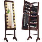 Giantex Standing Jewelry Armoire with 18 LED Lights Around the Door, Large Storage Mirrored Jewelry Cabinet with Full Length Mirror, 16 Lipstick Holders, 1 Inside Makeup Mirror (Brown) Giantex