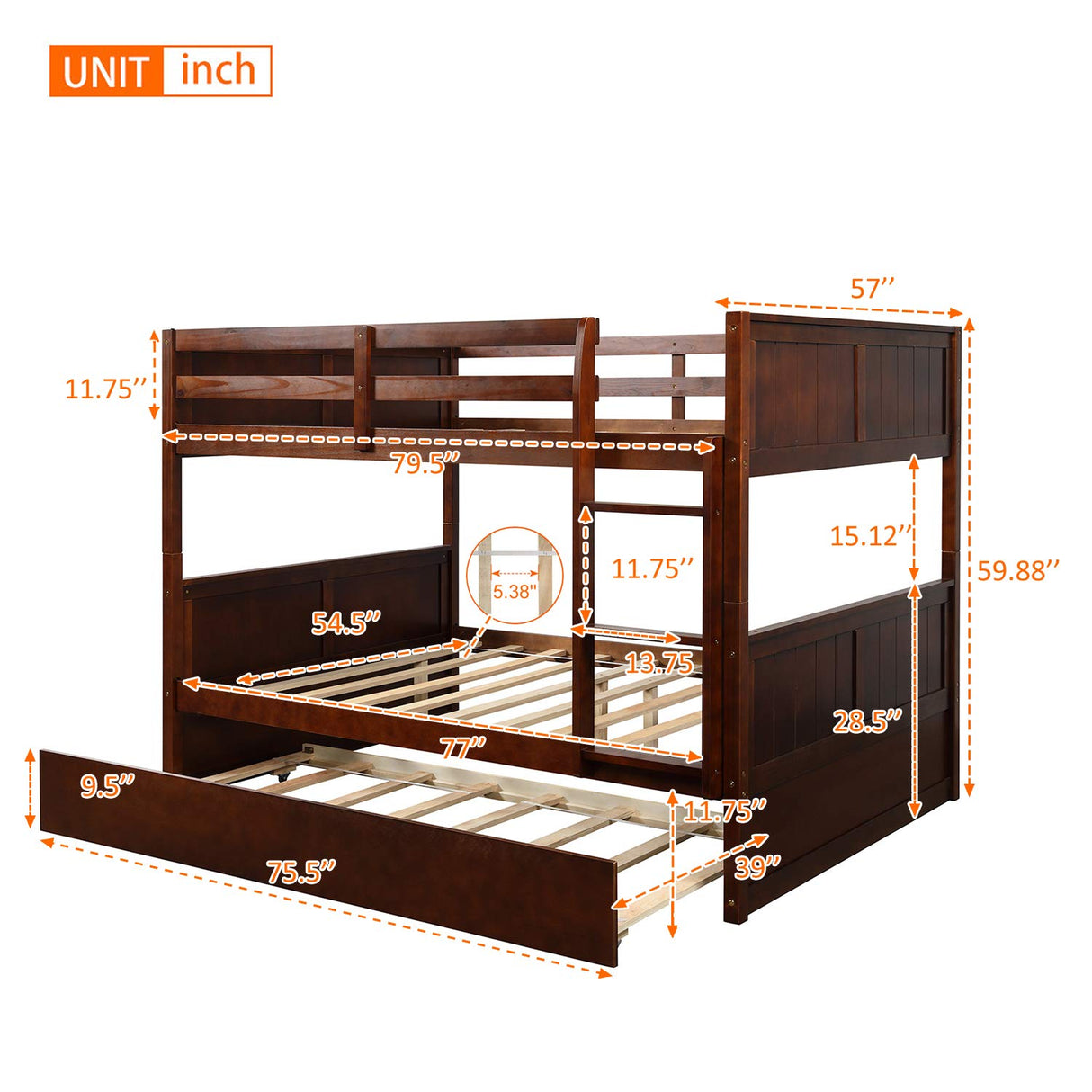 KLMM Full Over Full Bunk Bed with Trundle, Solid Wood Bunk Bed with Ladder and Safety Guard Rail, Can Accommodate 5 Person, Apply to Bedroom/Dormitory (Walnut) KLMM