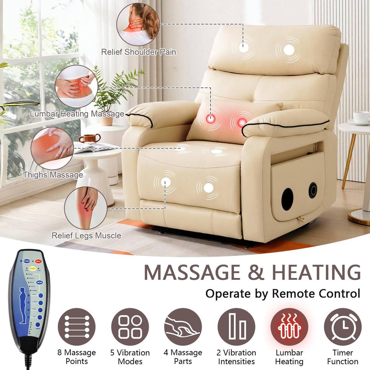 Dual Motor Power Lift Recliner Chair for Adult & Elderly, Infinite Position Lay Flat Lift Chair with Heat & Massage, Cup Holder, Lumbar Pillow, Wireless Charger, USB Ports, Leather (Beige) RESTREAL