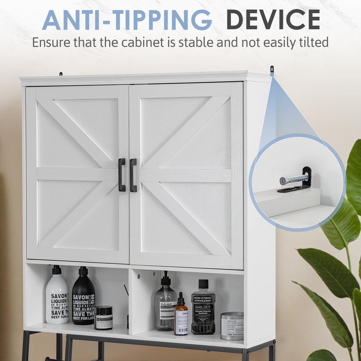 JUMMICO Over The Toilet Storage Cabinet, Bathroom Organizer with Adjustable Shelf, Toilet Organizer with 2 Barn Doors, Space Saver for Bathroom, Laundry, White JUMMICO