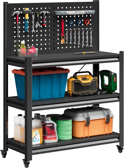 Workbench with Pegboard, 48" H Adjustable Heavy Duty Work Table with Wheels, Heavy Duty Workstation, Metal Tool Work Bench for Garage Warehouse Workshop - WoodArtSupply