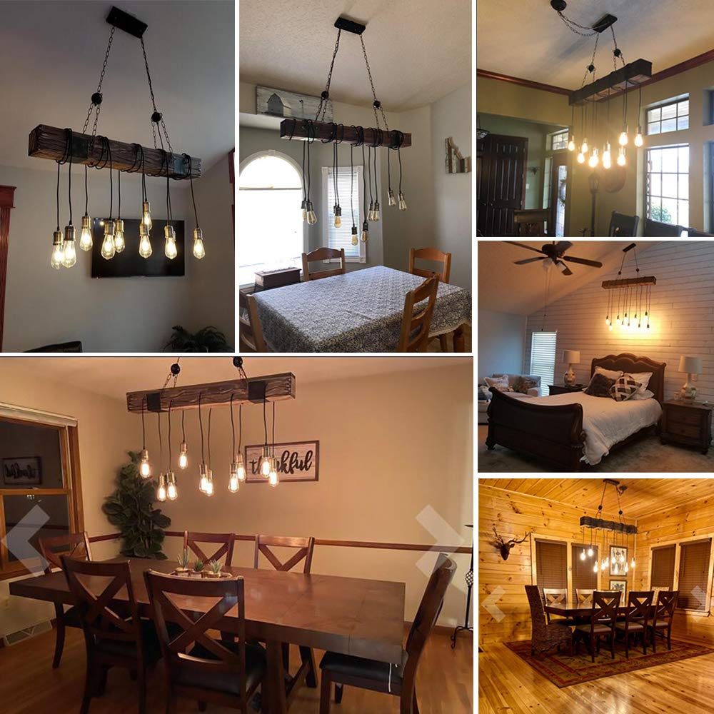 KJLARS Farmhouse Chandelier Wood Hanging Industrial Pendant Lighting Vintage Ceiling Light Fixture 10 Light for Pool Table Kitchen Island Bar Bedroom Dining Living Retro Hanging Lamp (43.31 inches) KJLARS