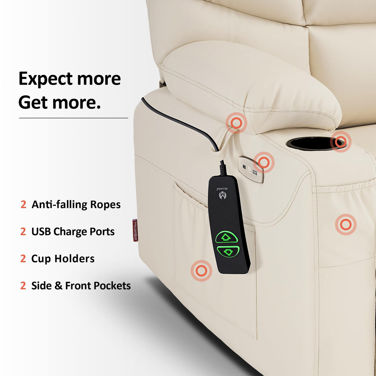 MCombo Power Lift Recliner Chair, 2 Cup Holders, USB Ports for Elderly People, Faux Leather 7288 (Cream White, Medium-Regular) MCombo