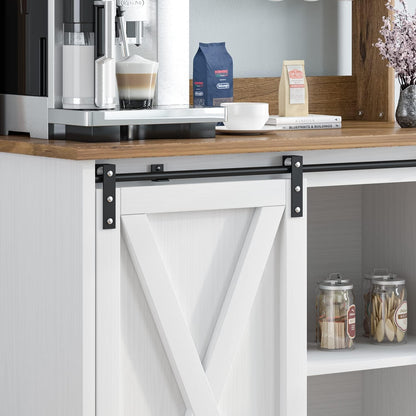 4ever2buy Farmhouse Coffee Bar Cabinet with 6 Hooks, White Coffee Bar Hutch with Storage, 50 Inch Buffet Cabinet with Sliding Barn Door, Coffee Bar Table with Adjustable Shelves for Living Dining Room