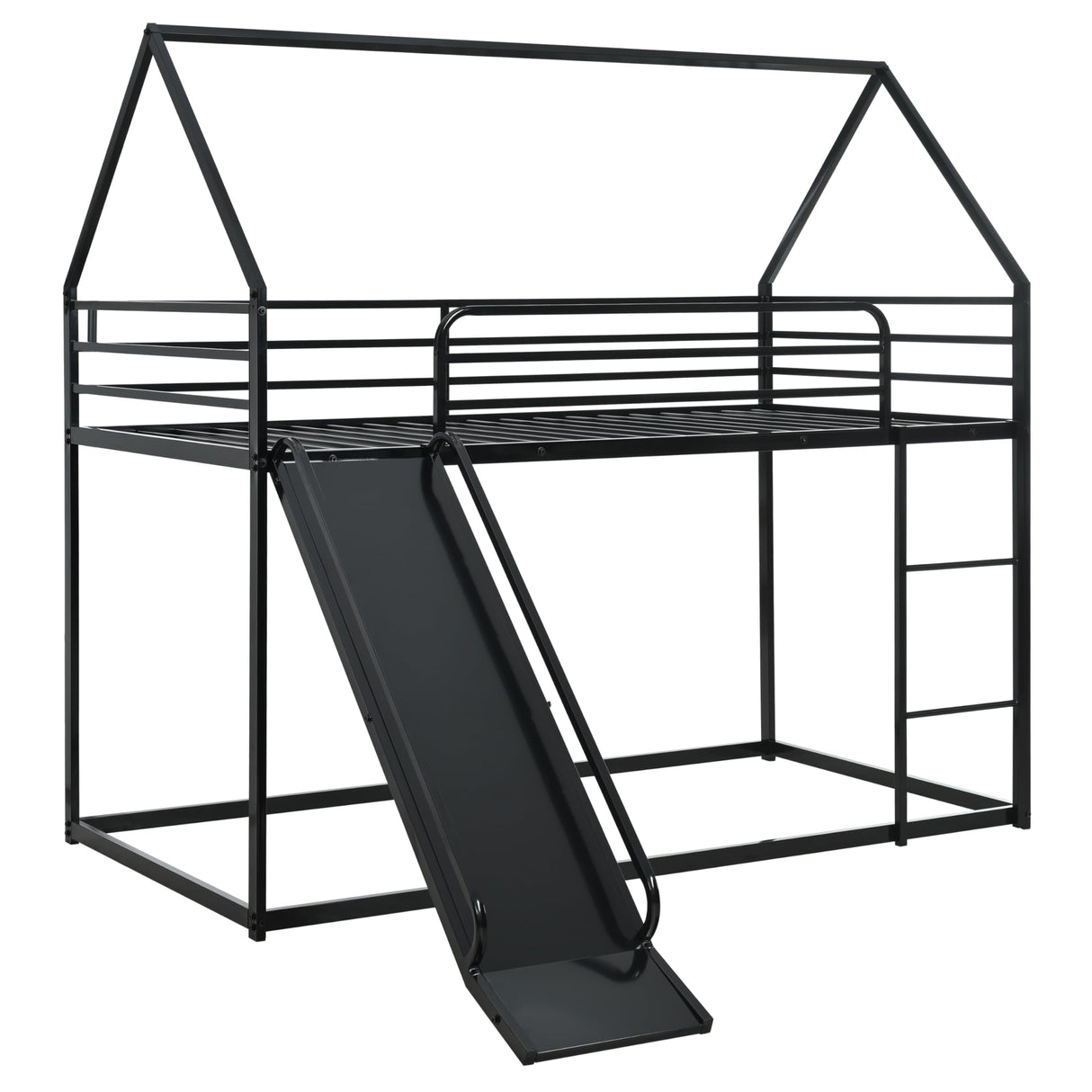 NKISHECK Twin Over Twin Bunk Bed with Slide, Junior House Low Bunk Bed Metal Bunkbeds with Ladder and Full-Length Guardrail for Girl, Boy, Floor Bunk Bed, No Box Spring Needed (Black) NKISHECK