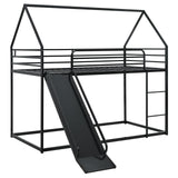 NKISHECK Twin Over Twin Bunk Bed with Slide, Junior House Low Bunk Bed Metal Bunkbeds with Ladder and Full-Length Guardrail for Girl, Boy, Floor Bunk Bed, No Box Spring Needed (Black) NKISHECK