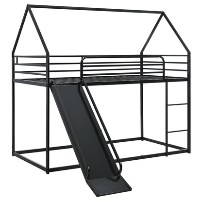 NKISHECK Twin Over Twin Bunk Bed with Slide, Junior House Low Bunk Bed Metal Bunkbeds with Ladder and Full-Length Guardrail for Girl, Boy, Floor Bunk Bed, No Box Spring Needed (Black)