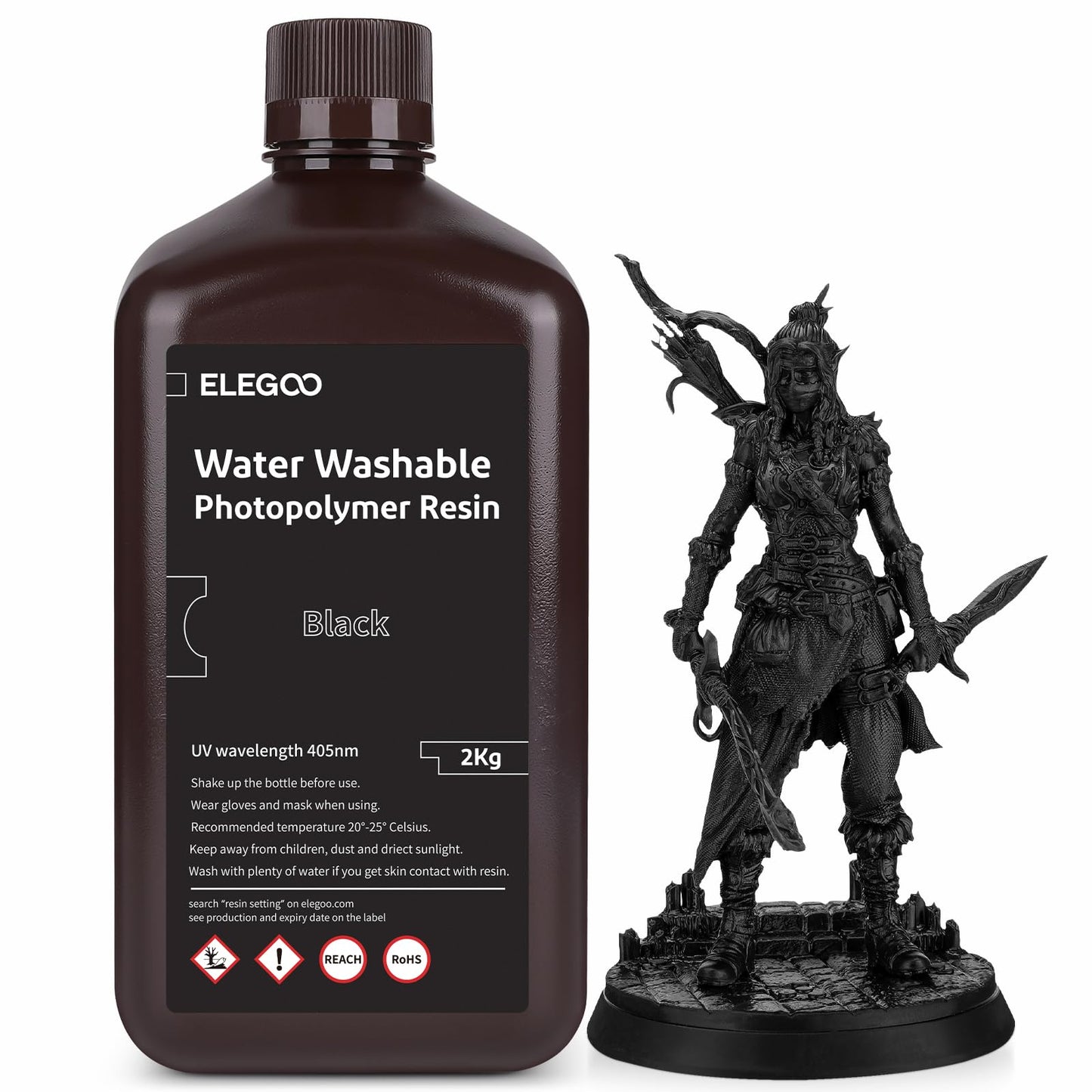 ELEGOO Water Washable 3D Printer Resin, Rapid Resin 405nm LCD UV-Curing Standard Photopolymer Resin for LCD 3D Printer Black 2KG