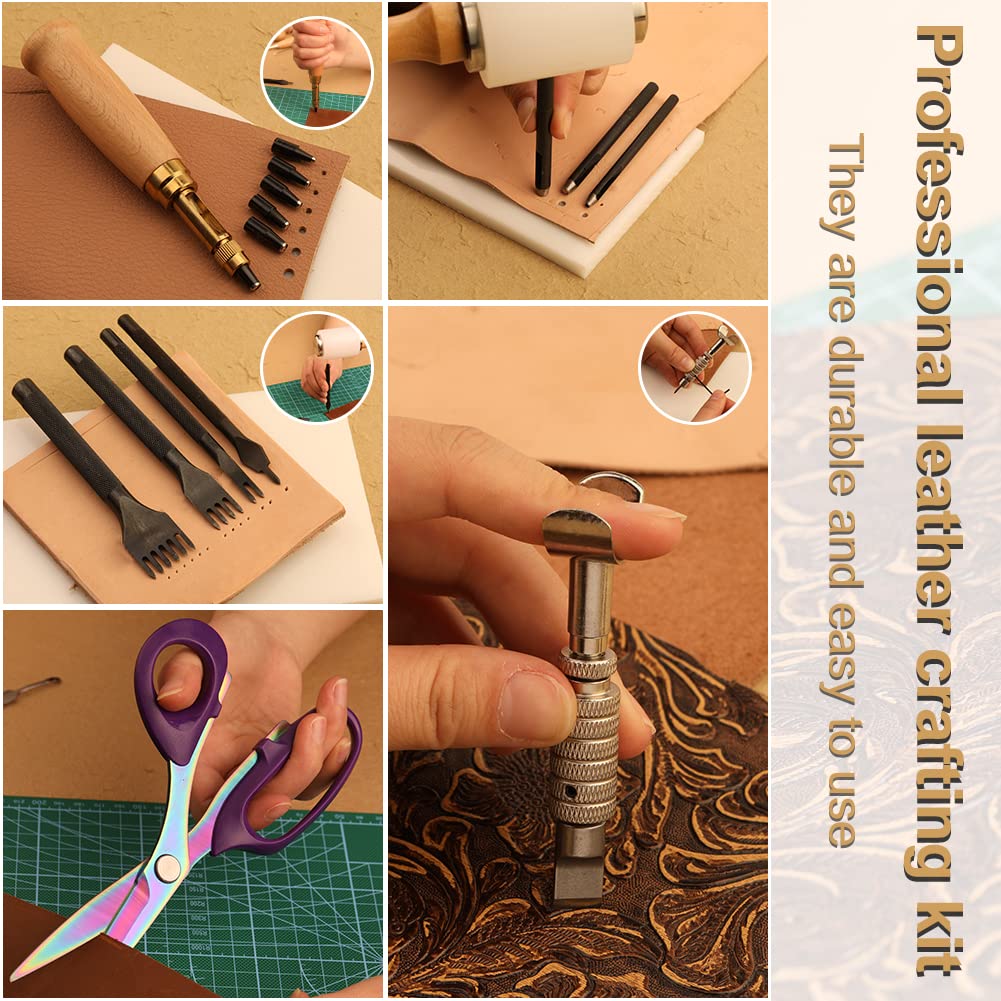 Tikjiua 456Pcs Leather Working Tools with Apron and Tooling Bag, Leather Craft Kit with Tools for Stamping, Carving, Sewing, Beveling, Cutting, Crafting Tikjiua