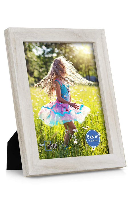 RPJC 6x8 inch Picture Frame Made of Solid Wood and High Definition Glass Display Pictures for Table Top Display and Wall Mounting Photo Frame with Stand Rustic White RPJC