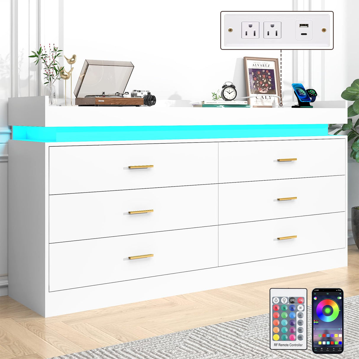 Hlivelood 6 Drawer Dresser with LED Light and Charging Station, 59" Modern Chest of Drawers for Closet, Wide Drawer Organizer Cabinet for Bedroom, Living Room, Entryway, Hallway, White Hlivelood