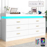 Hlivelood 6 Drawer Dresser with LED Light and Charging Station, 59" Modern Chest of Drawers for Closet, Wide Drawer Organizer Cabinet for Bedroom, Living Room, Entryway, Hallway, White Hlivelood
