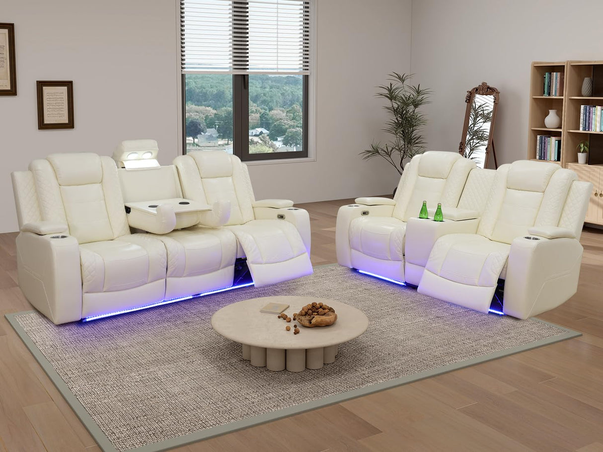 Living Room Sofa Set Reclining Breathing Leather Dekmxas Living Room Furniture Set Sofa, Loveseat with Storage Console/Cup Holders/LED Light/USB Port for Apartment, Office(Creamy White, Sofa+loveseat) Dekmxas