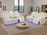 Living Room Sofa Set Reclining Breathing Leather Dekmxas Living Room Furniture Set Sofa, Loveseat with Storage Console/Cup Holders/LED Light/USB Port for Apartment, Office(Creamy White, Sofa+loveseat) Dekmxas