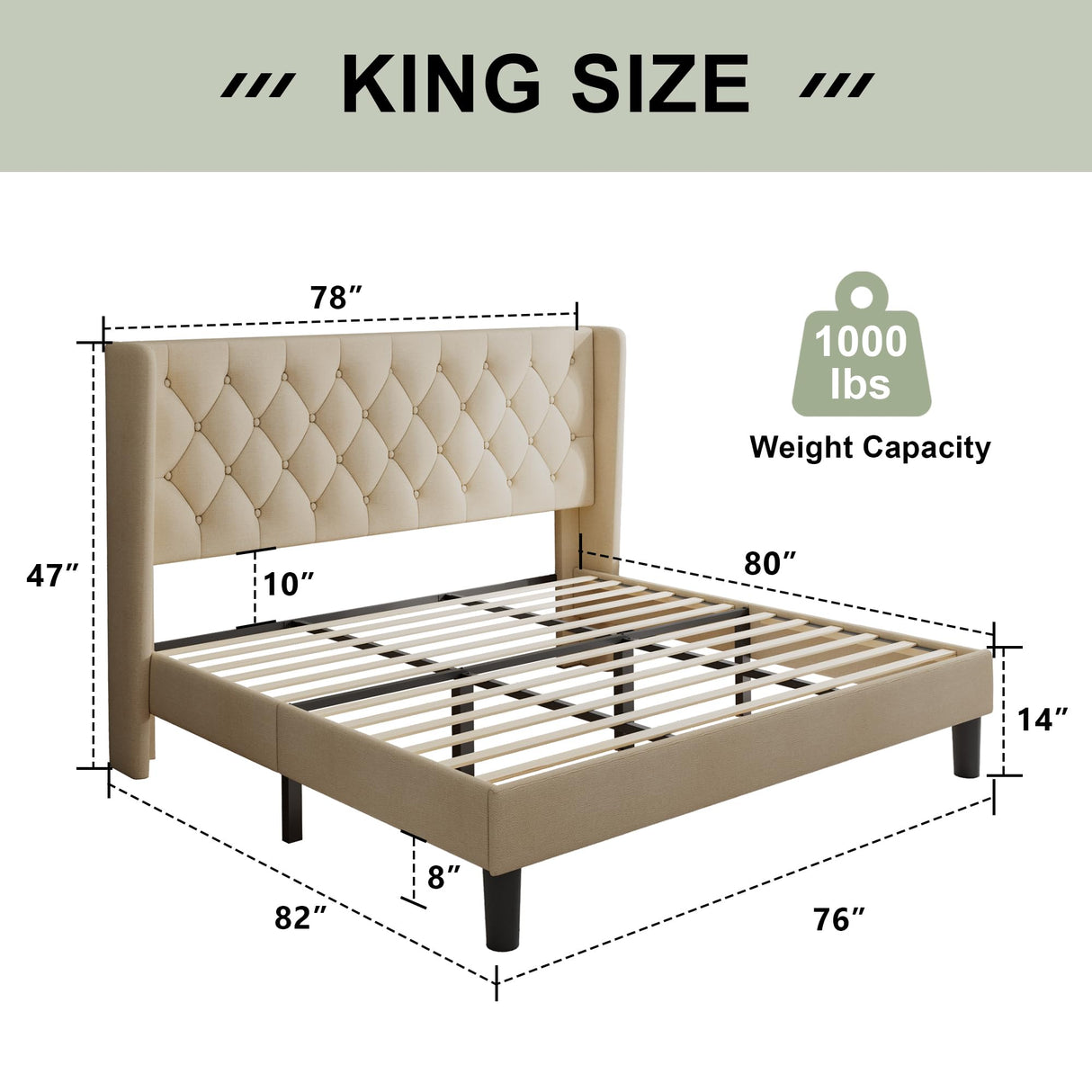 Feonase King Size Bed Frame with Wingback Tufted Headboard, Upholstered Platform Bed Frame with Heavy Duty Wooden Slats Support, Noise-Free, No Box Spring Needed, Easy Assembly, Beige Feonase