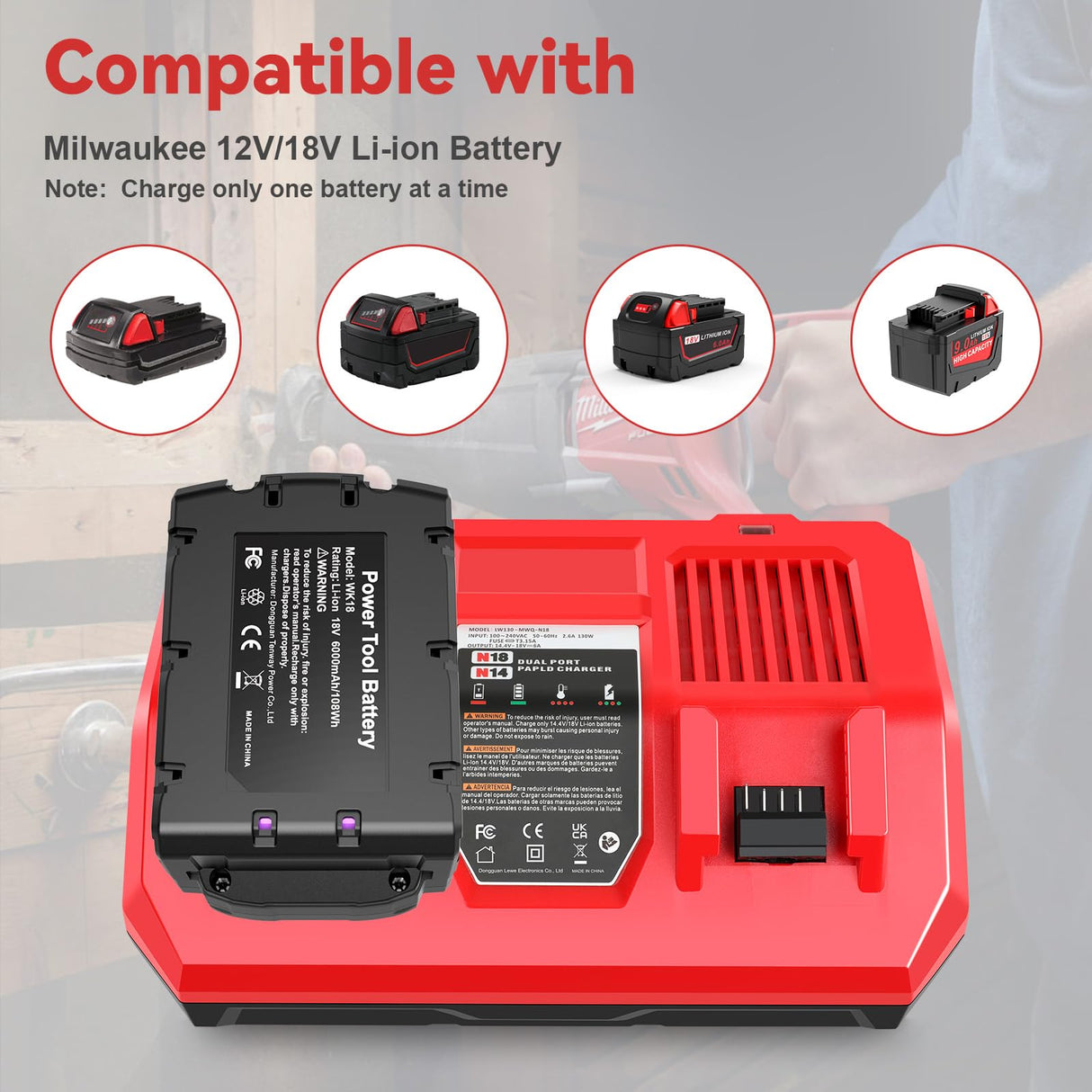 2Pcs 18V 6Ah Battery and N18-N14 18V Dual Port Charger Set for Milwaukee WK18 Tools 48-11-1850 48-11-1860 48-11-1820 48-11-1840 48-11-1830 48-11-1870 48-11-1880 Fast Charging Djsanu