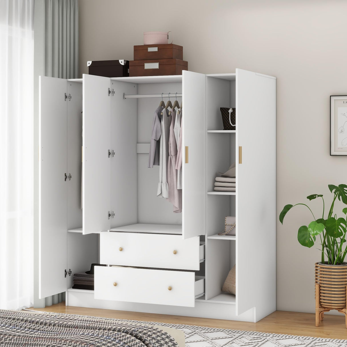 Panana Bedroom Armoires Wardrobe Closet with 4 Doors 2 Drawers and Mirror, Large Shelves Hanging Rods for Bedroom, 62.7" W x 19.7" D x 70.8" H Panana