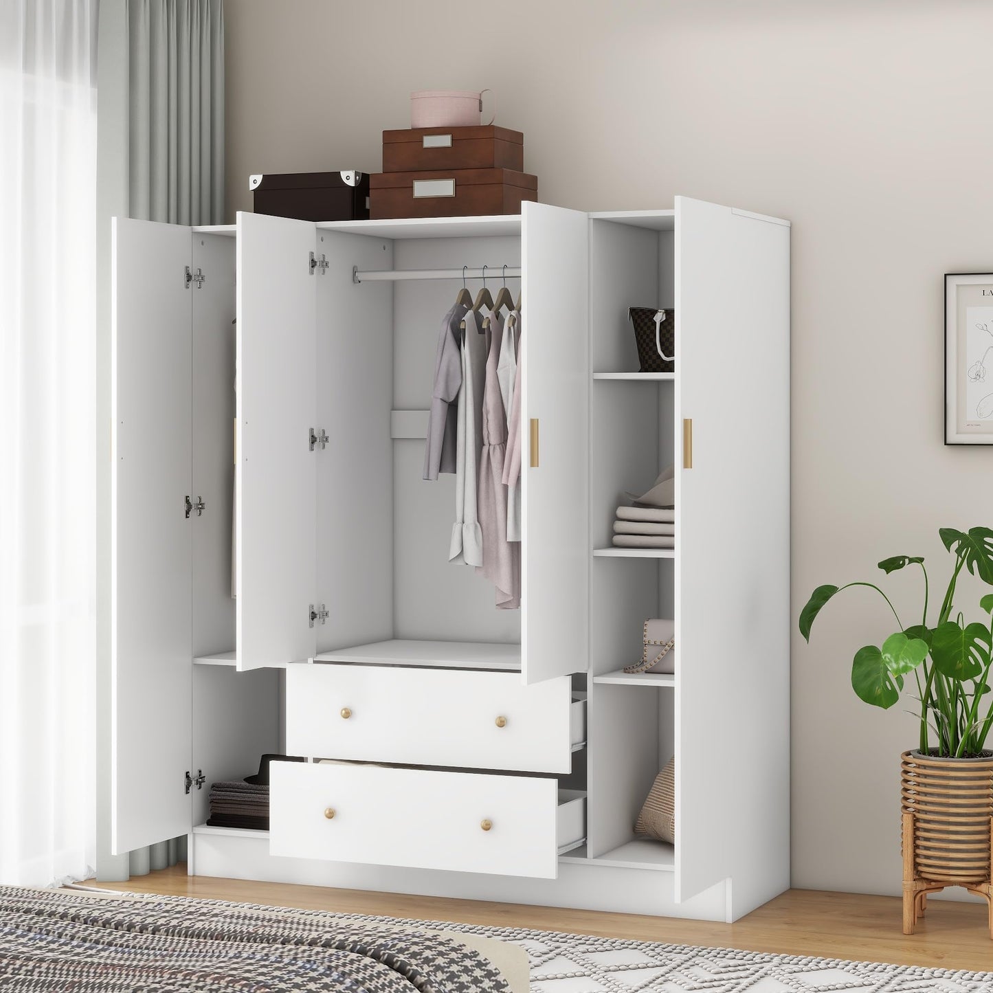 Panana Bedroom Armoires Wardrobe Closet with 4 Doors 2 Drawers and Mirror, Large Shelves Hanging Rods for Bedroom, 62.7" W x 19.7" D x 70.8" H - WoodArtSupply