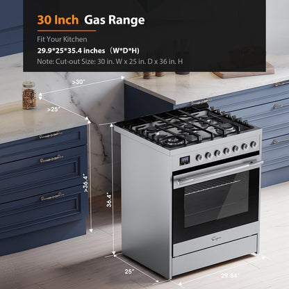 Empava Freestanding & Slide-In Gas Range, 5.0 Cu. Ft, Single Oven with 5 Sealed High-Low Burners & Touch Timer, Heavy Duty Continuous Grates in Stainless Steel, 30 Inch