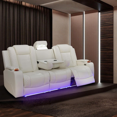 3-Seater PU Leather Reclining Sofa for Theater Room, Power Recliner Couch with Drop Down Table, Wireless Charging, Cup Holders, USB & Type-C Ports, LED Light Base, White Lyngins