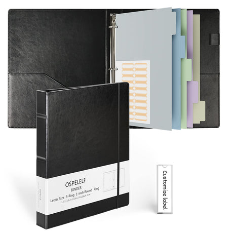 Ospelelf Vintage Hardcover 3 Ring 1 inch Leather Binder, Professional Binder Organizer Suitable for Letter Size, Binder Dividers with Tabs, Faux Black Leather Ospelelf
