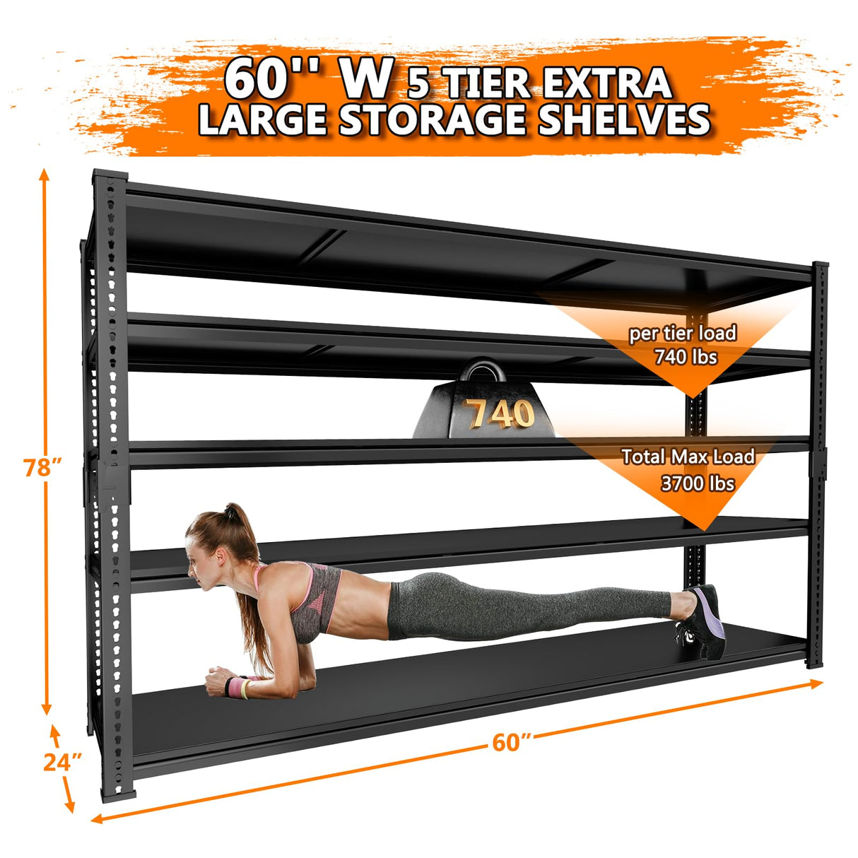 Storage Shelves Heavy Duty 2 PCS,60" L x 24" W x 78" H Garage Storage Shelves Unit Loads 3700LBS, 5-tier Adjustable Metal Industrial Utility Shelf Rack for Kitchen, Laundry Room, Warehouse, Basement ROOMTEC