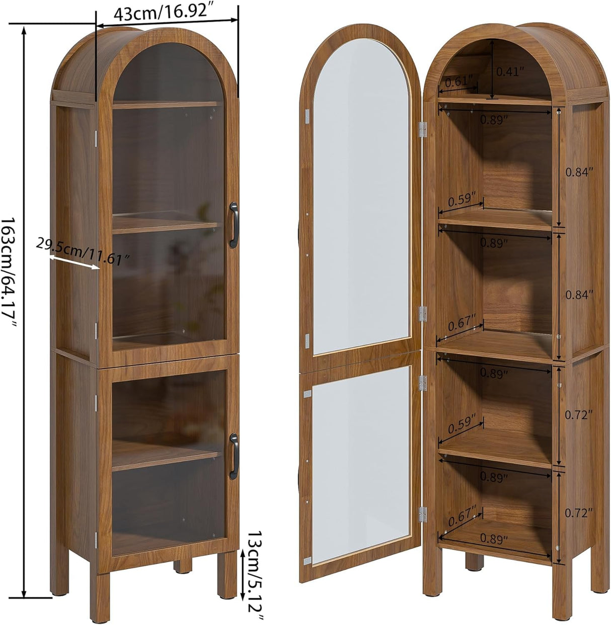 Lxsxlome 64.17 in Tall Arched Display Cabinet with Acrylic Glass Doors 5-Tier Kitchen Pantry Storage Cabinets Modern Wood Curio Cabinet Bookcase for Living Dining Room (Walnut, 16.92‘’W) Lxsxlome