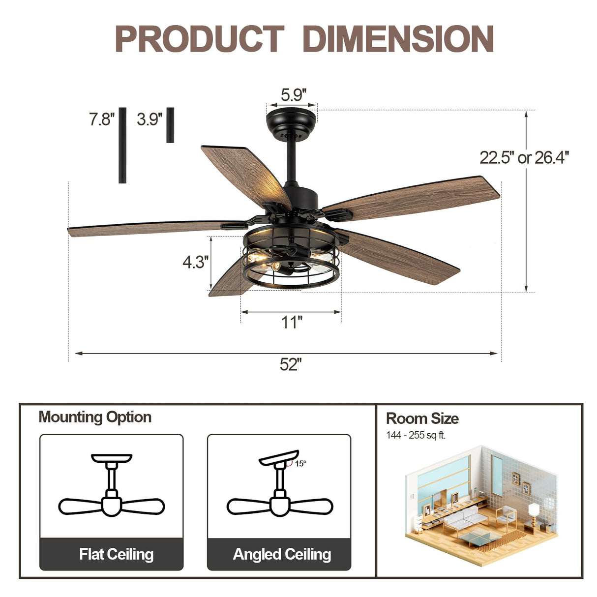 Curve Curio 52 Inch Farmhouse Ceiling Fan with Light and Remote Black Industrial Ceiling Fan Quiet and Reversible DC Motor Rustic Caged Chandelier Fan for Living Room Bedroom Patio Curve Curio
