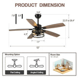 Curve Curio 52 Inch Farmhouse Ceiling Fan with Light and Remote Black Industrial Ceiling Fan Quiet and Reversible DC Motor Rustic Caged Chandelier Fan for Living Room Bedroom Patio Curve Curio