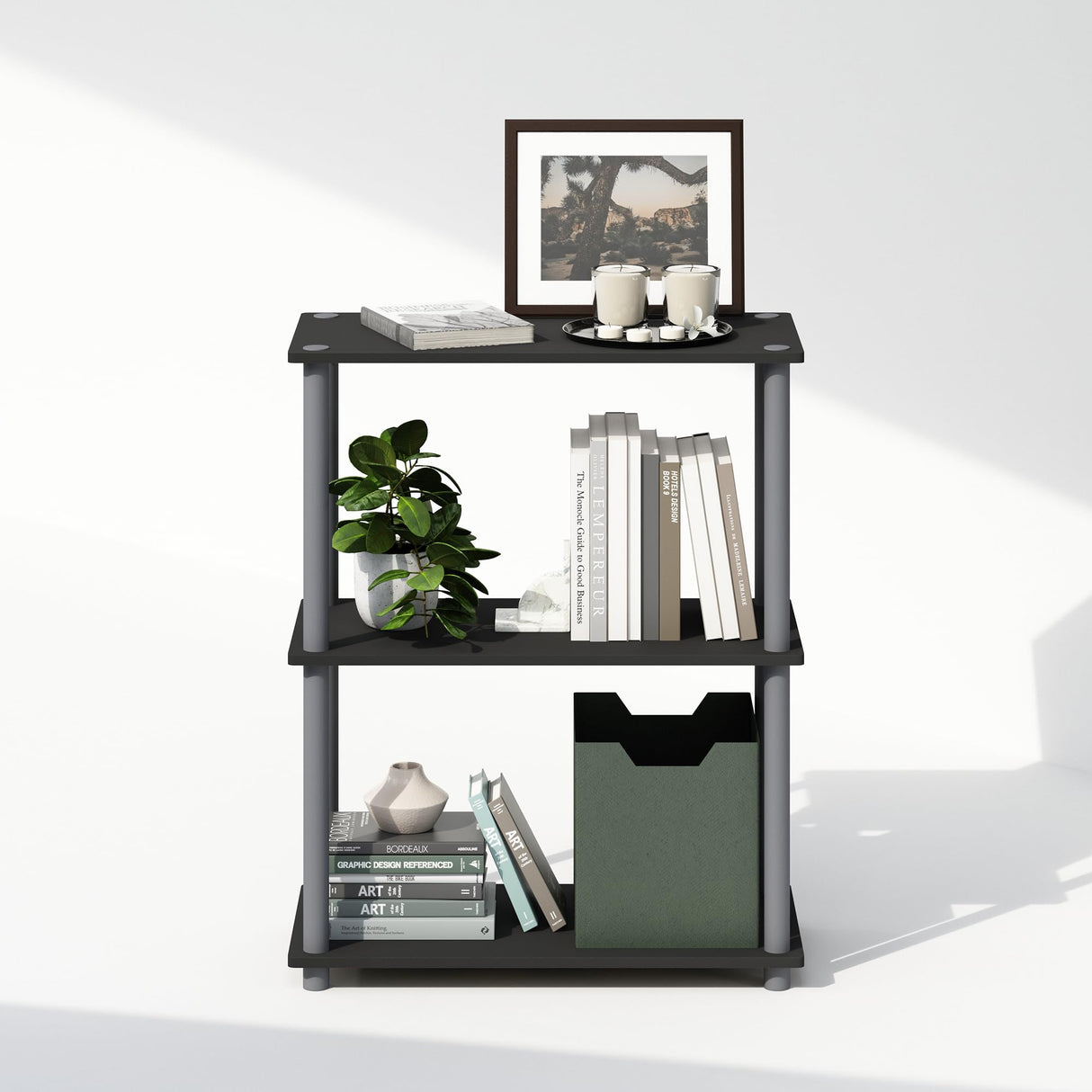 Furinno Turn-N-Tube 3-Tier Multipurpose Compact Bookshelf, Bookcase, Black/Grey Furinno