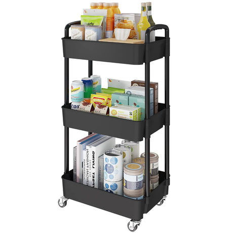 Laiensia 3-Tier Kitchen Storage Cart,Multifunction Utility Rolling Storage Organizer,Mobile Shelving Unit Cart with Lockable Wheels for Bathroom,Laundry,Living Room,With Classified Stickers,Black Laiensia