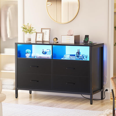 Girapow Dresser for Bedroom, Wooden Bedroom Dresser with LED Lights and Charging Station, 4 Drawers Dressers, Wide Chest of Drawers Storage Organizer TV Stand for up to 50" TV for Living Room, Black